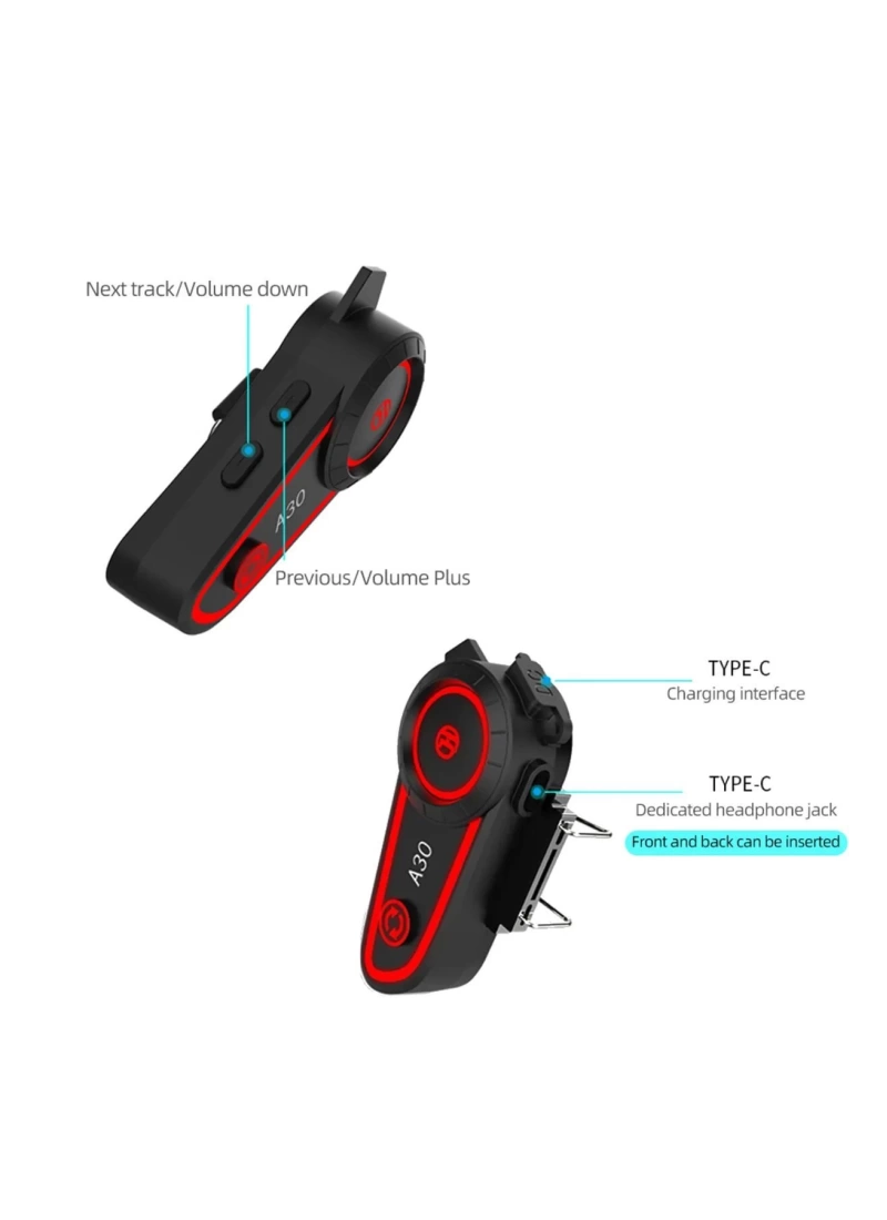 A30 Motosiklet Kask Kulaklık Işıklı BT 5.2 2800mAh