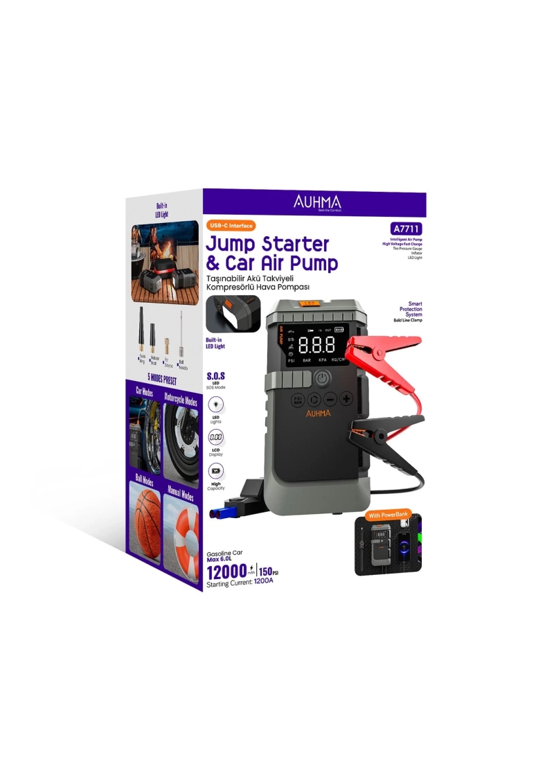 A7711 Jump Starter / Akü Takviye Cihazı | 12.000 mah 4ü 1 Arada Powerbank, Hava Kompresörü, LCD Ekran, 1