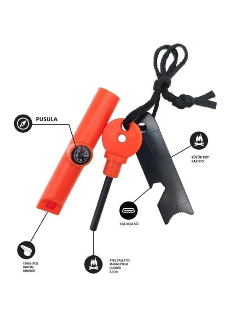 Magnezyum Ateş Başlatıcı Turuncu 7’si 1 Arada Çakmak Taşı, Düdük, Pusula, Anahtar ve Harita Ölçeği ile Outdoor Acil Durum Kiti