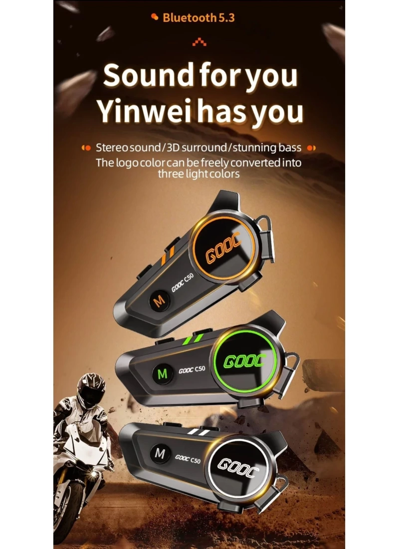 C50 2X Bluetooth 5.3 Kask intercom Kulaklık 300M Kablosuz Motosiklet Kulaklık IPX7 Su Geçirmez 1100mA