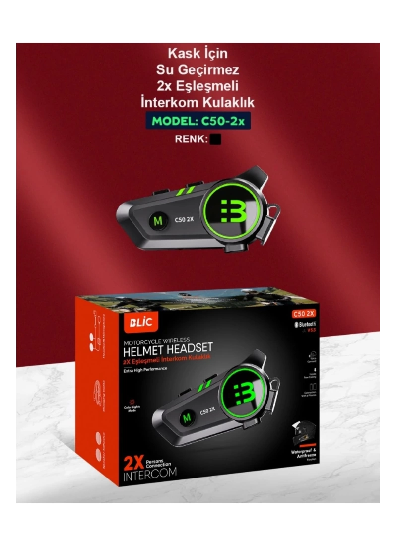 C50 2X Bluetooth 5.3 Kask intercom Kulaklık 300M Kablosuz Motosiklet Kulaklık IPX7 Su Geçirmez 1100mA