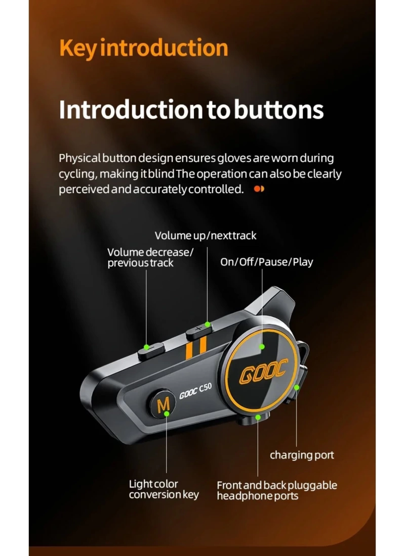 C50 2X Bluetooth 5.3 Kask intercom Kulaklık 300M Kablosuz Motosiklet Kulaklık IPX7 Su Geçirmez 1100mA
