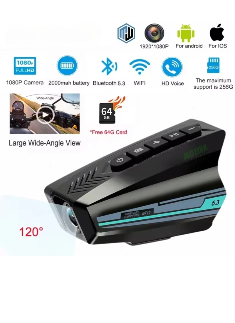 BT16 Kameralı Kask Kulaklık Muzik Sesli Asistan IPX6 Su Geçirmez 2000mAh 32GB Kart dahil