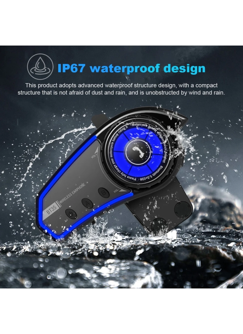 BT35 RGB intercom Motosiklet Kask Mavi BT 5.0 Mikrofonlu IP67 Waterproof Asistan Destekli Kulaklık