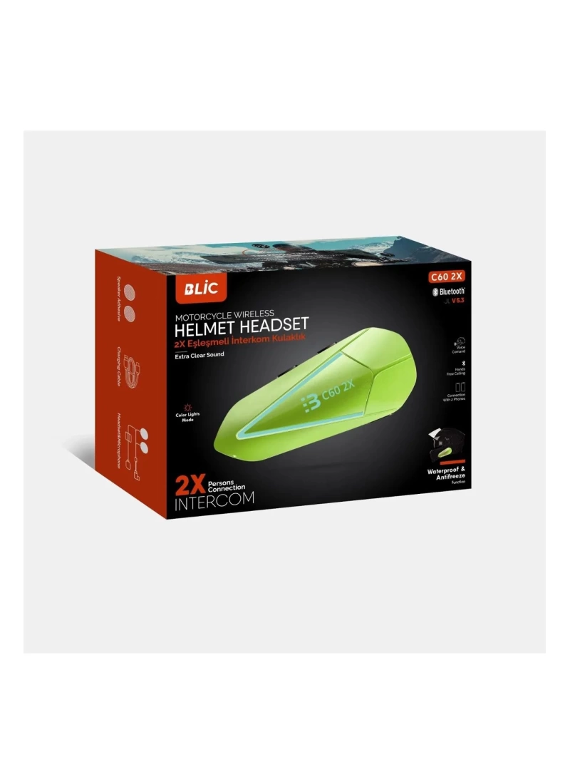 C60 2X Kablosuz Kask Kulaklığı – Çift Kişilik Bluetooth Intercom Yeşil
