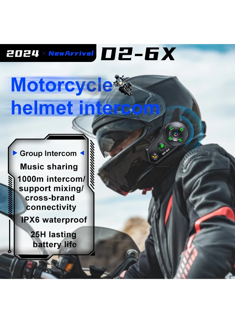 D2 6X Grup İntercom Kask Kulaklığı Müzik Paylaşımı Grup Konuşma 1000m Menzil Uyumlu Markalar
