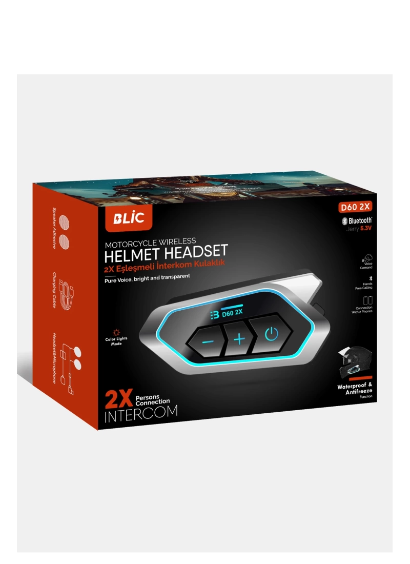 D60 2X Motosiklet Kask Kulaklığı Bluetooth Intercom RGB Işıklı 2 Intercom Bağlantılı