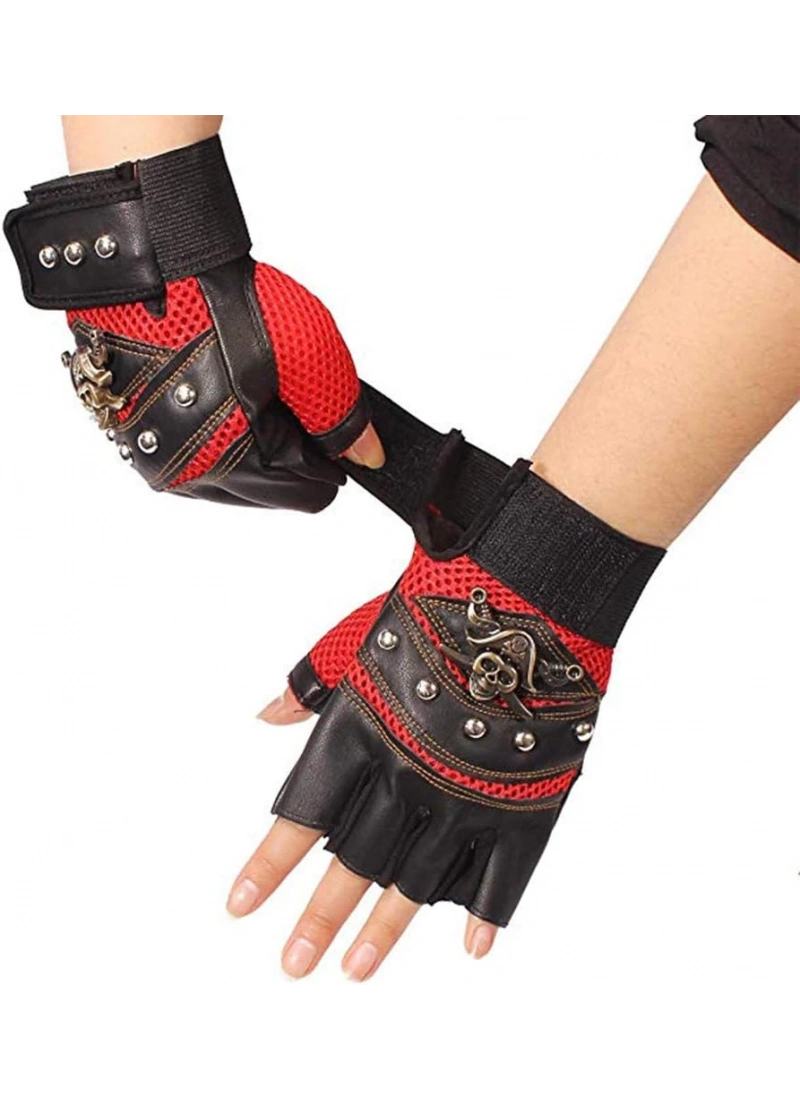 Deri Spor Kırmızı Korsan İskelet Bisiklet Motosiklet Kısa Yazlık ISN Eldiven Oversize Unisex