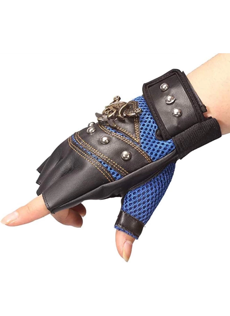 Deri Spor Mavi Korsan İskelet Bisiklet Motosiklet Kısa Yazlık ISN Eldiven Oversize Unisex