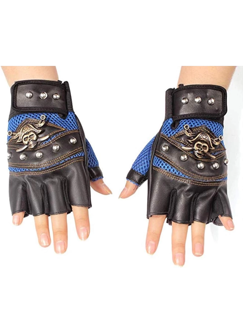 Deri Spor Mavi Korsan İskelet Bisiklet Motosiklet Kısa Yazlık ISN Eldiven Oversize Unisex