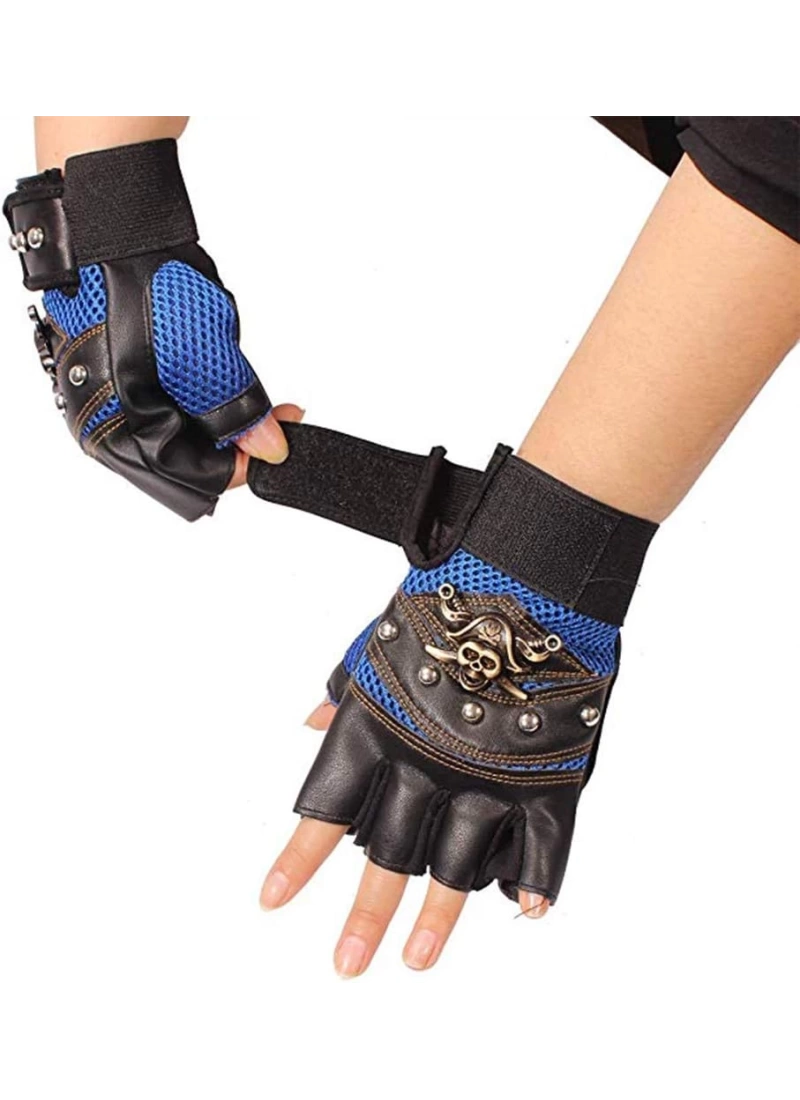 Deri Spor Mavi Korsan İskelet Bisiklet Motosiklet Kısa Yazlık ISN Eldiven Oversize Unisex