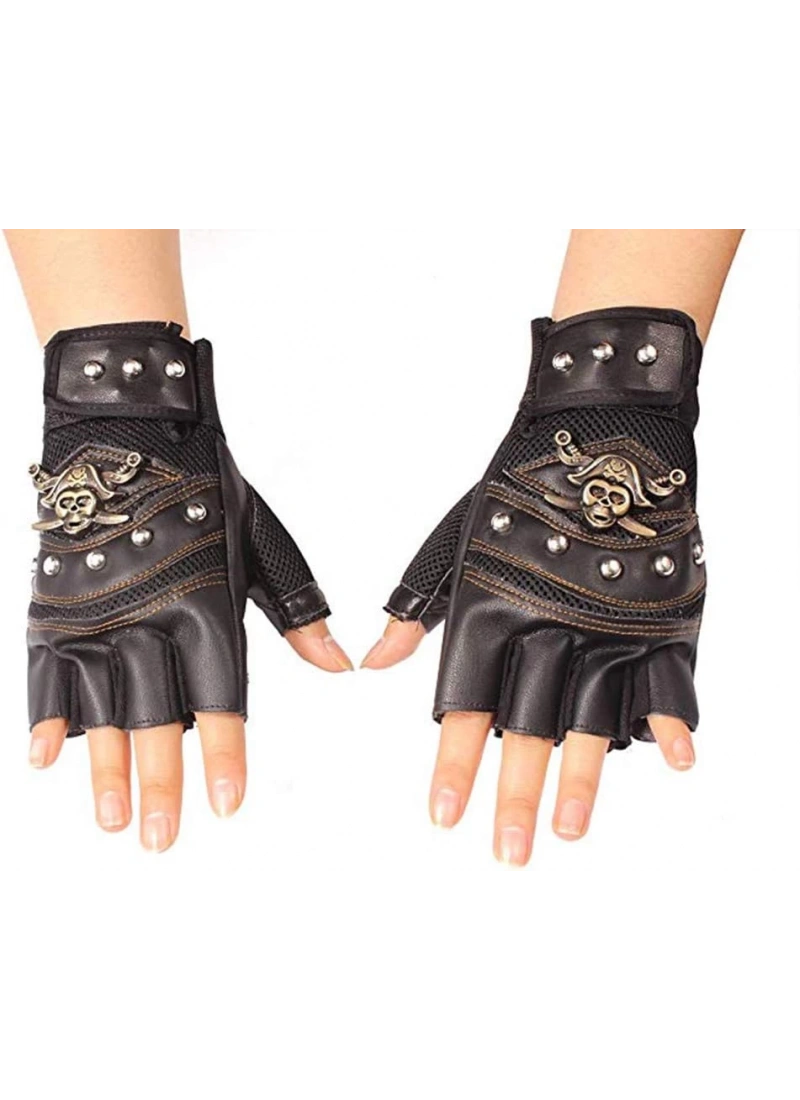 Deri Spor Siyah Korsan İskelet Bisiklet Motosiklet Kısa Yazlık ISN Eldiven Oversize Unisex
