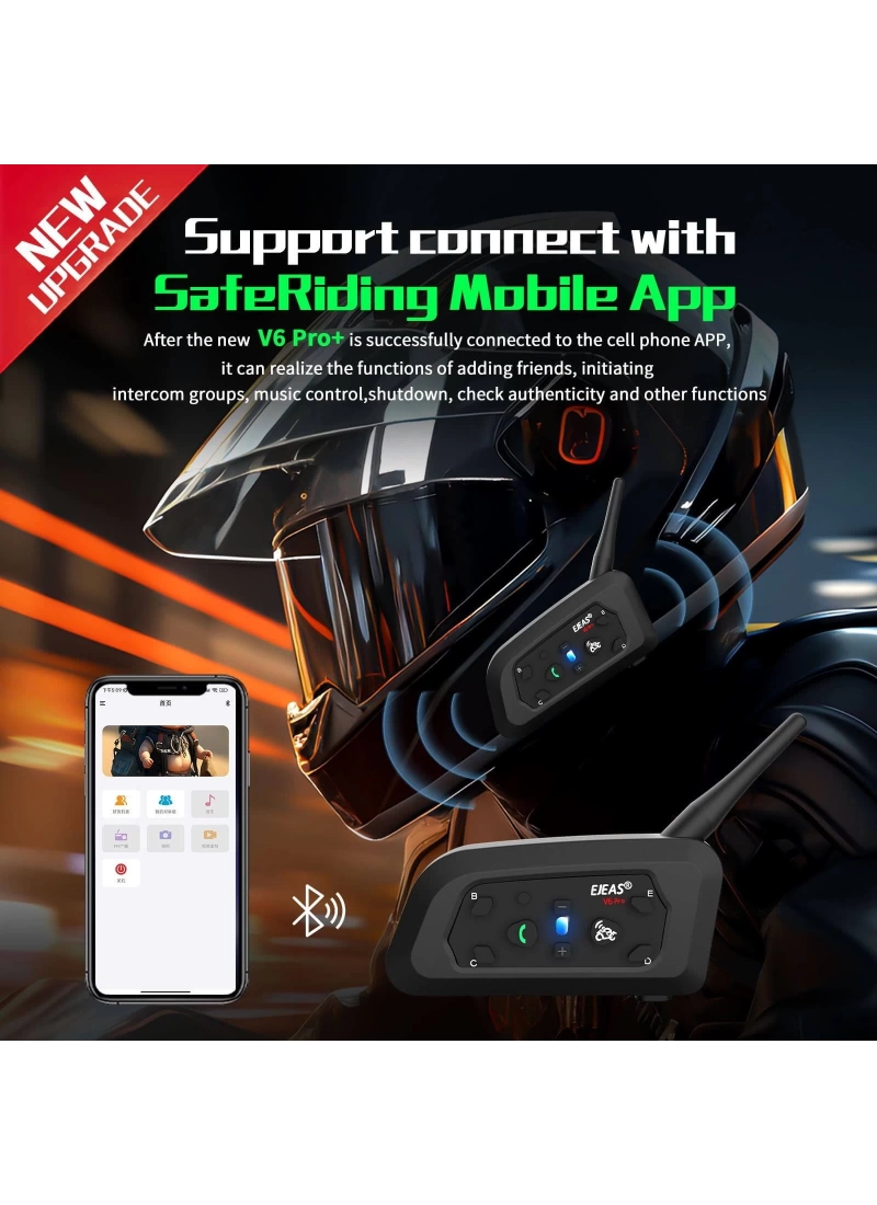 EJEAS V6Pro Motosiklet Bluetooth intercom, 1200m Mesafeli Kulaklık 6 Sürücü İletişim Sistemi İnterkom Su Geçirmez, GPS, DSP Gürültü Azaltma