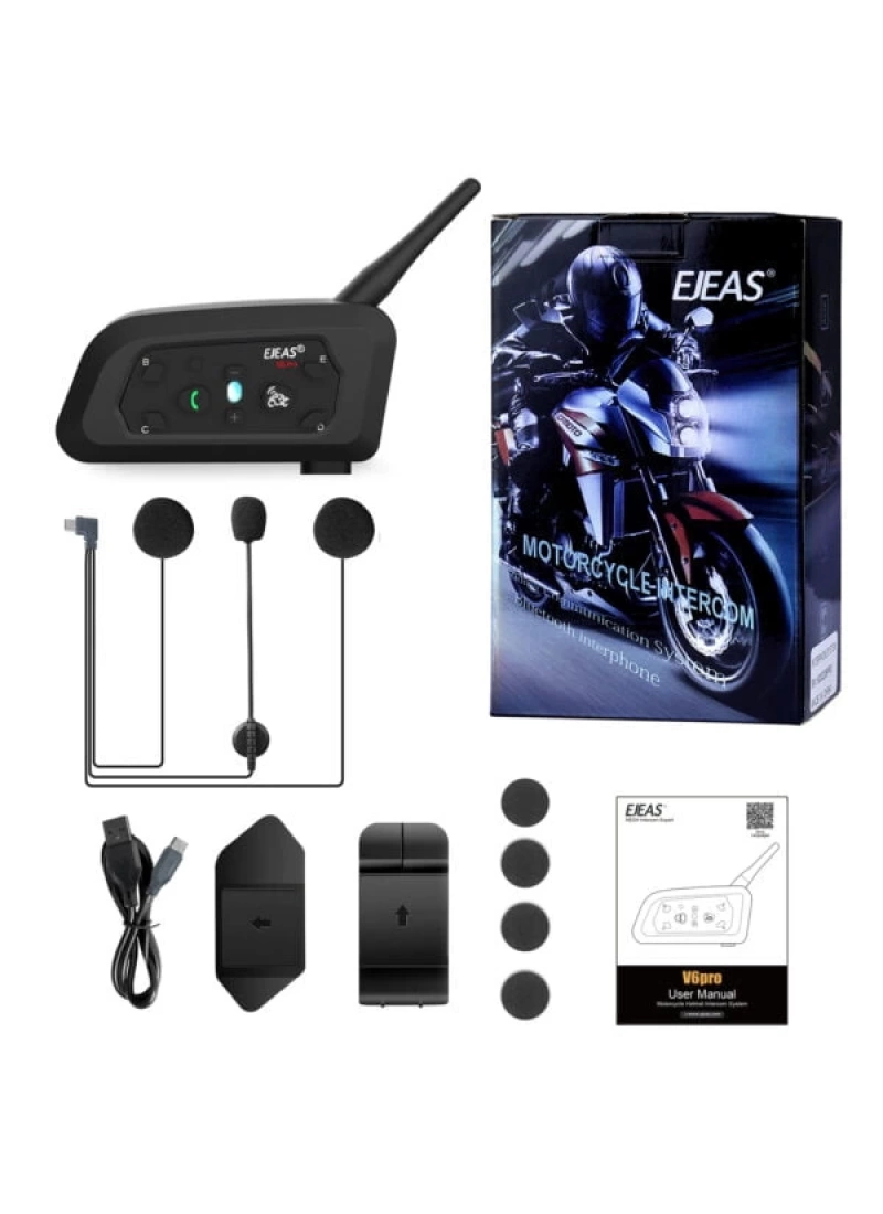 EJEAS V6Pro Motosiklet Bluetooth intercom, 1200m Mesafeli Kulaklık 6 Sürücü İletişim Sistemi İnterkom Su Geçirmez, GPS, DSP Gürültü Azaltma