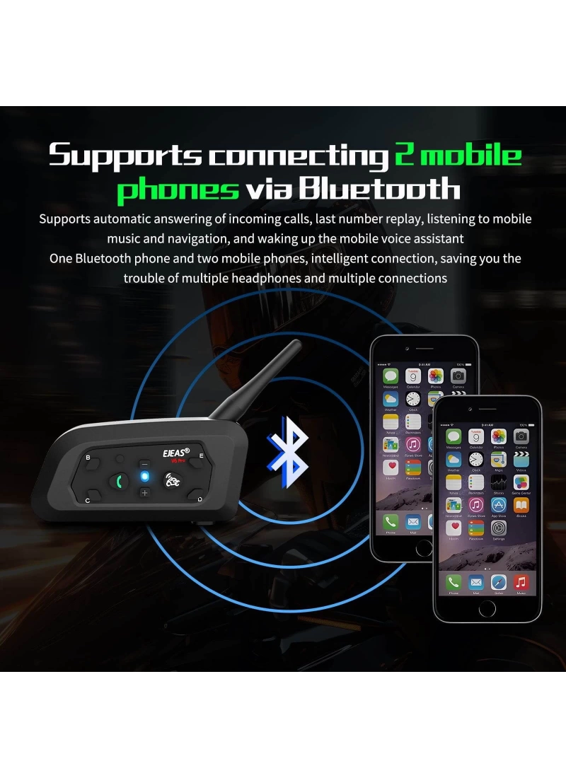 EJEAS V6Pro Motosiklet Bluetooth intercom, 1200m Mesafeli Kulaklık 6 Sürücü İletişim Sistemi İnterkom Su Geçirmez, GPS, DSP Gürültü Azaltma