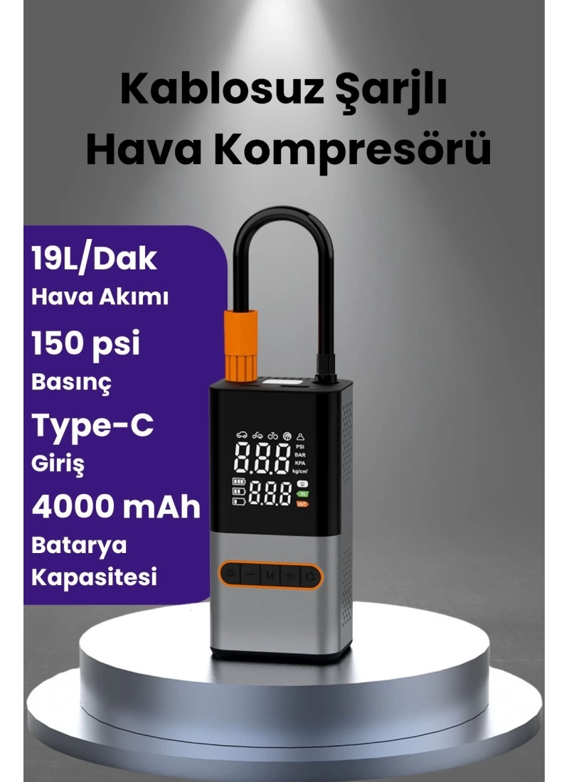 Hava Kompresörü 4000 mAh 4IN1 Şarjlı+Araç Taşınabilir Araç MotorLastik Top Şişirme Pompası Oto A6655