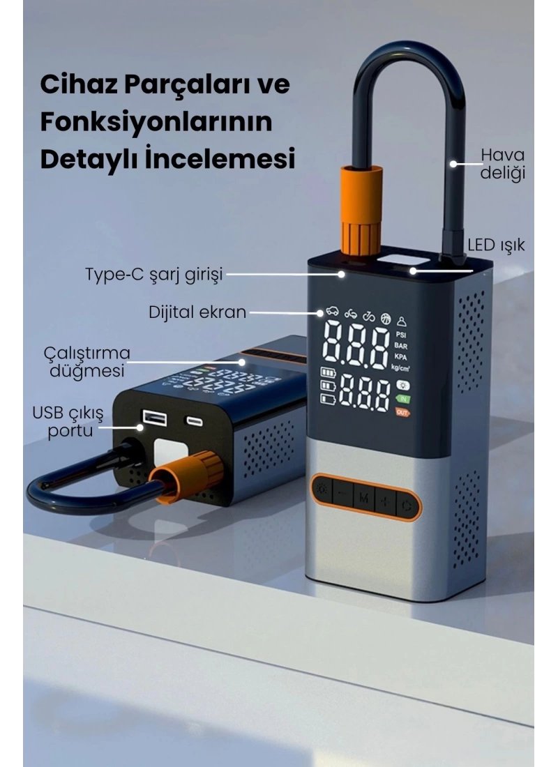 Hava Kompresörü 4000 mAh 4IN1 Şarjlı+Araç Taşınabilir Araç MotorLastik Top Şişirme Pompası Oto A6655