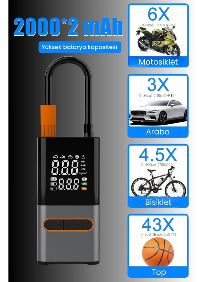 Hava Kompresörü 4000 mAh 4IN1 Şarjlı+Araç Taşınabilir Araç MotorLastik Top Şişirme Pompası Oto A6655