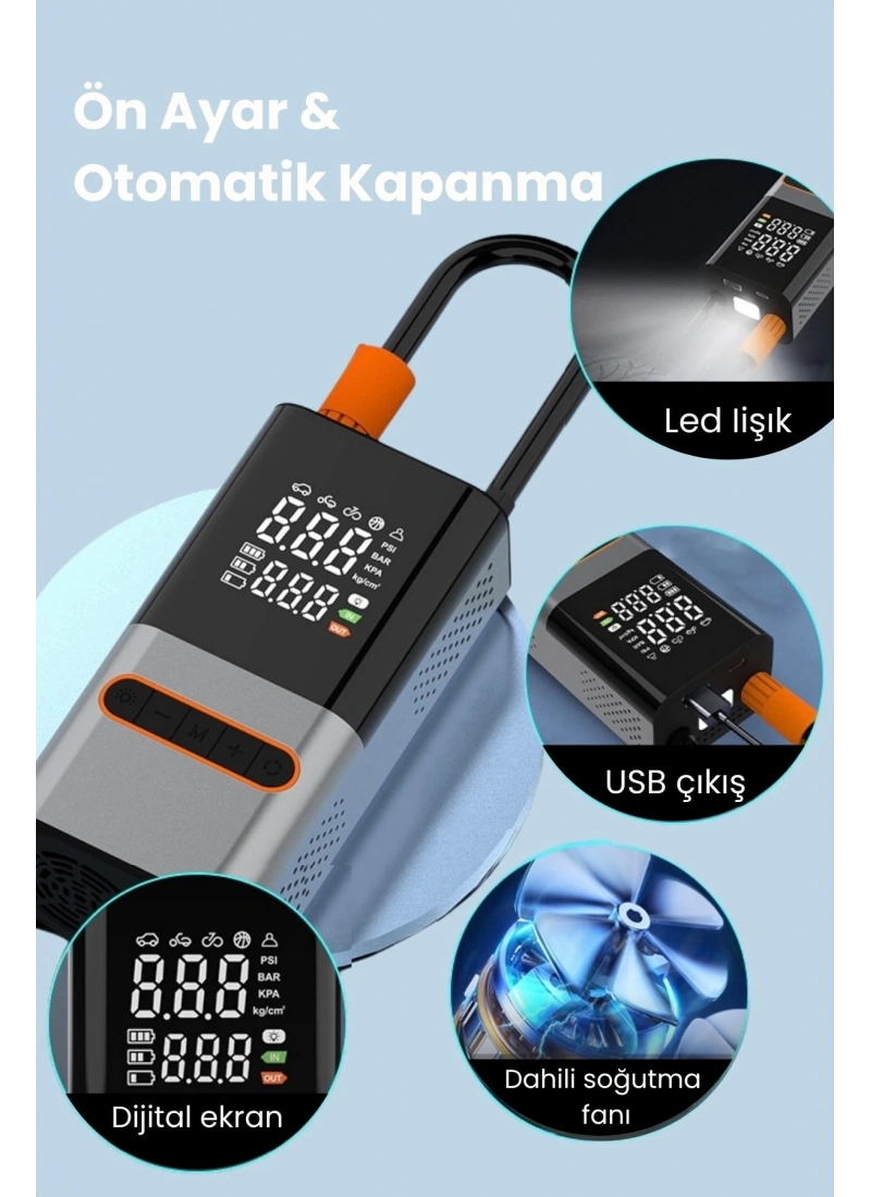 Hava Kompresörü 4000 mAh 4IN1 Şarjlı+Araç Taşınabilir Araç MotorLastik Top Şişirme Pompası Oto A6655