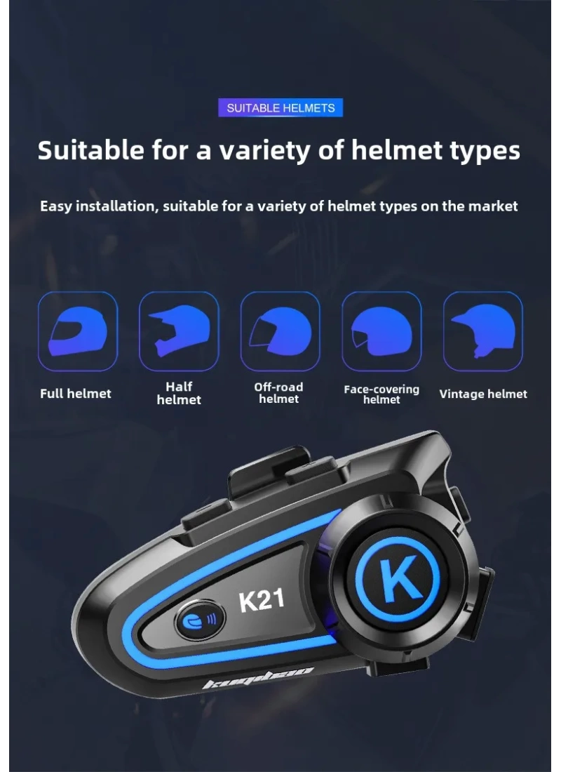 K21 intercom BT 5.3 1200mah 30H Ledli Asistanlı Gürültü Önlemeli IPX6 Waterproof Motosiklet Kask Kulaklığı