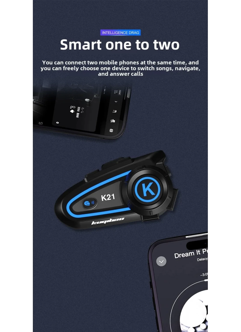 K21 intercom BT 5.3 1200mah 30H Ledli Asistanlı Gürültü Önlemeli IPX6 Waterproof Motosiklet Kask Kulaklığı