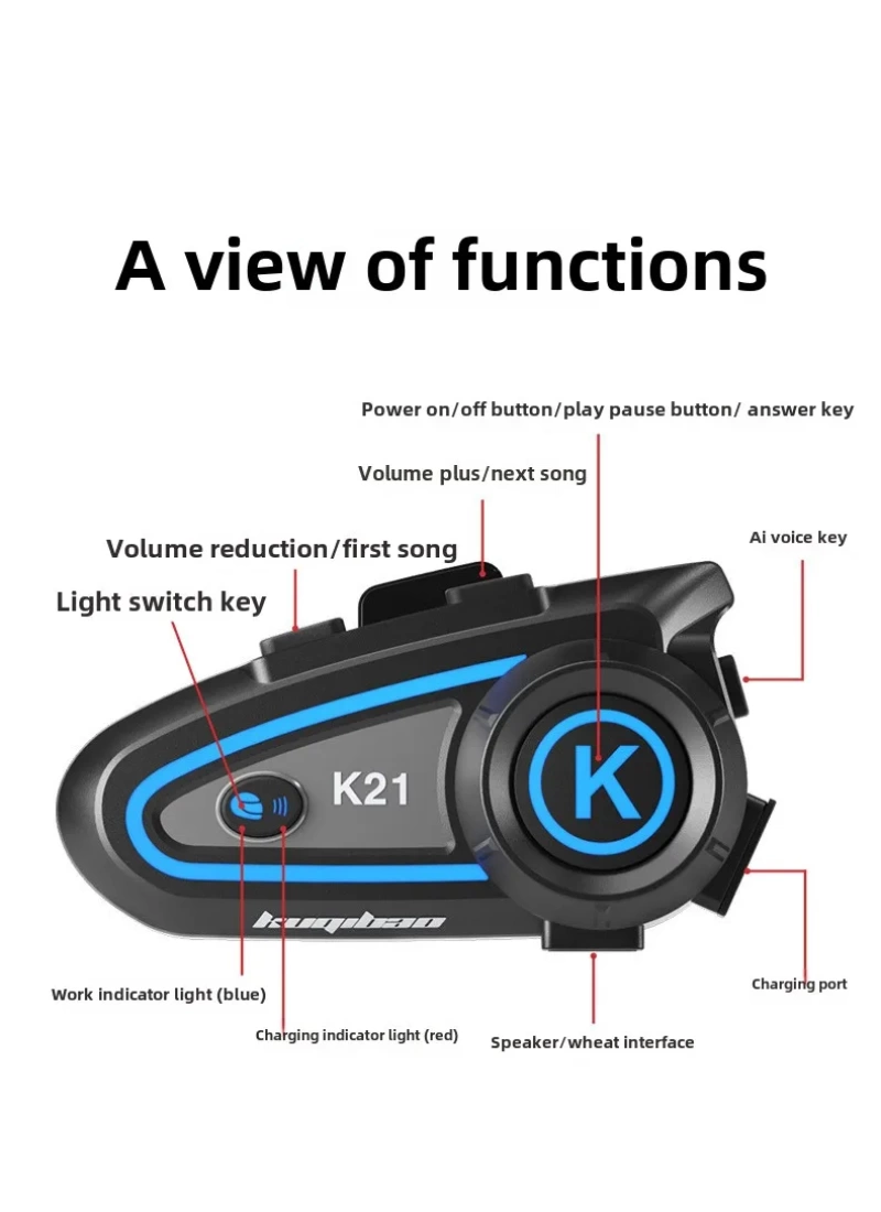 K21 intercom BT 5.3 1200mah 30H Ledli Asistanlı Gürültü Önlemeli IPX6 Waterproof Motosiklet Kask Kulaklığı