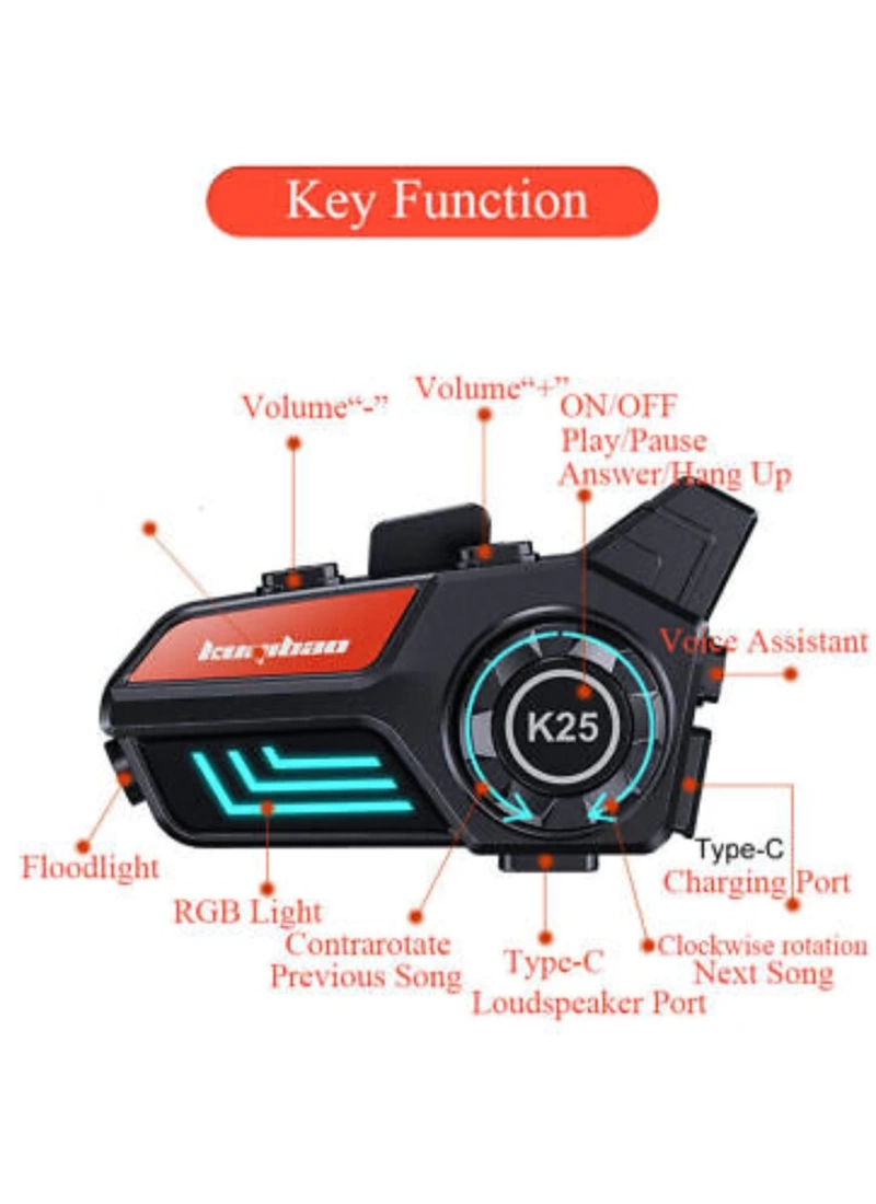 K25 2X BT5.3 intercom Led Fenerli Sesli Asistan Gürültü Engelleme Su Geçirmez Kask Kulaklığı