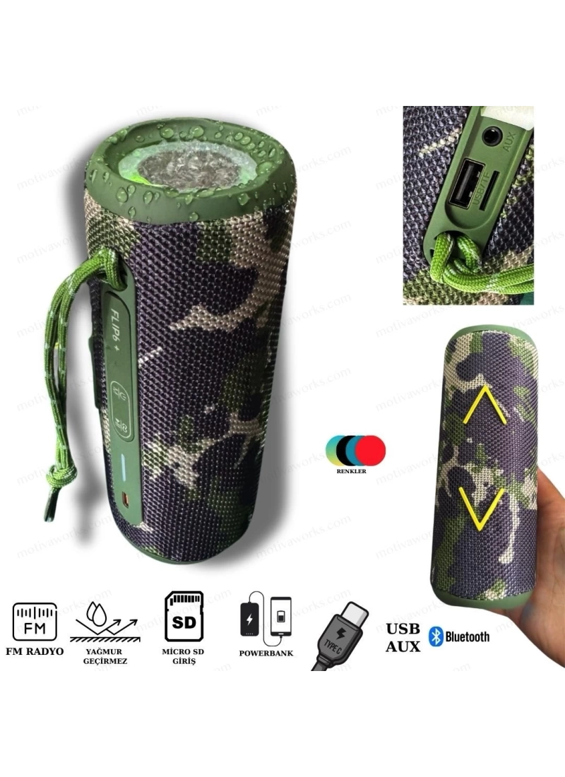 Flip6+ Kablosuz BT Hoparlör Powerbank Yağmur Geçirmez Portable FM-Radyo USB Type-C MicroSD