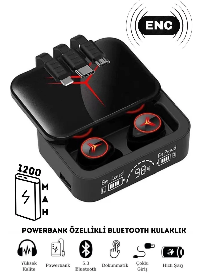 M88 Plus Enc ve Powerbank 1200mAh Özellikli Kablosuz Dokunmatik Kulakiçi Bluetooth Kulaklık