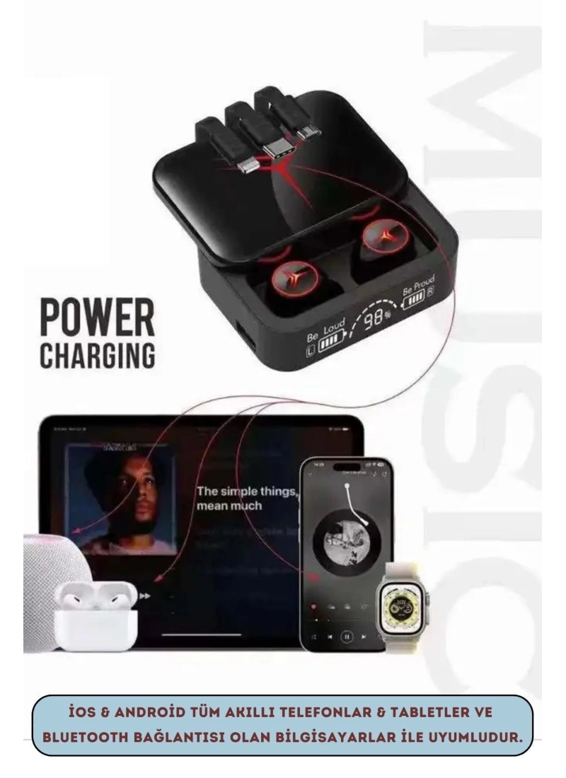M88 Plus Enc ve Powerbank 1200mAh Özellikli Kablosuz Dokunmatik Kulakiçi Bluetooth Kulaklık