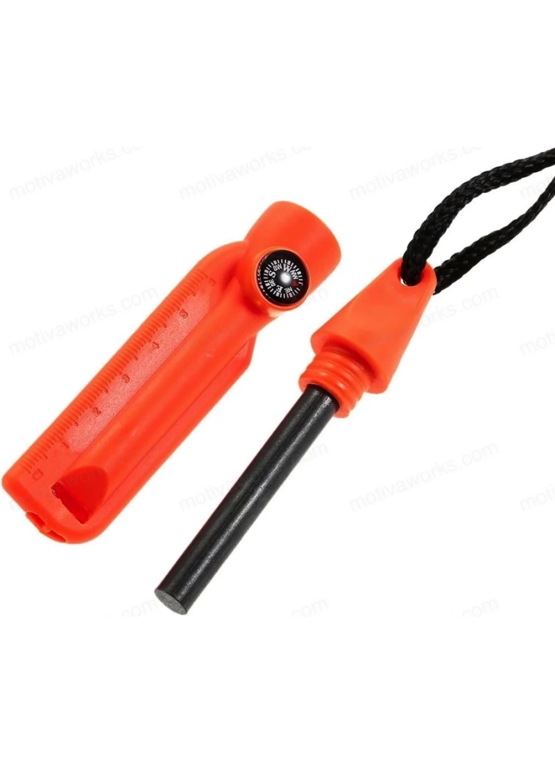 Magnezyum Ateş Başlatıcı Turuncu 7’si 1 Arada Çakmak Taşı, Düdük, Pusula, Anahtar ve Harita Ölçeği ile Outdoor Acil Durum Kiti