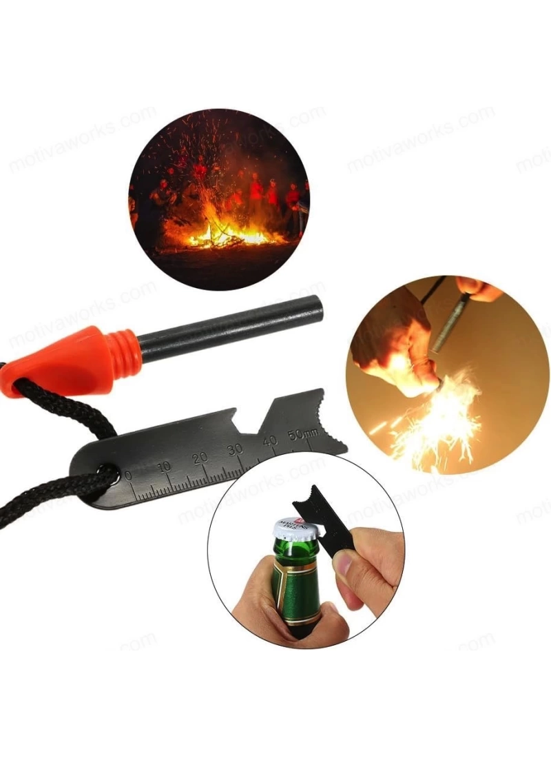 Magnezyum Ateş Başlatıcı Turuncu 7’si 1 Arada Çakmak Taşı, Düdük, Pusula, Anahtar ve Harita Ölçeği ile Outdoor Acil Durum Kiti