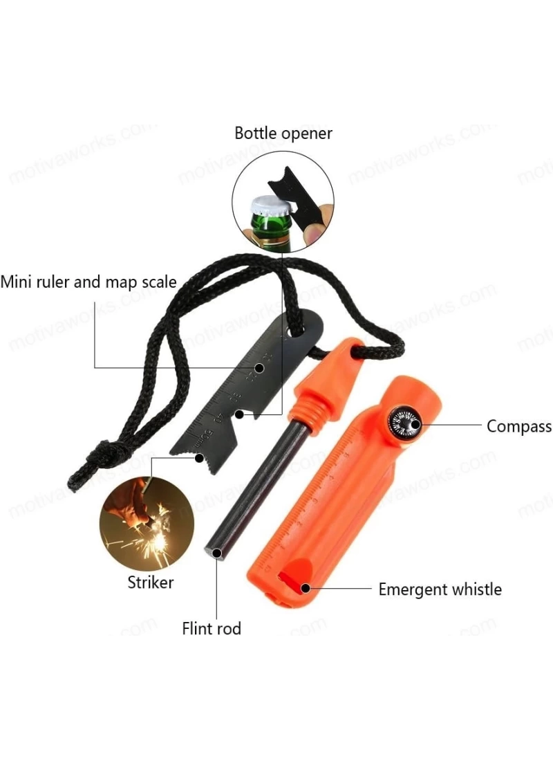 Magnezyum Ateş Başlatıcı Turuncu 7’si 1 Arada Çakmak Taşı, Düdük, Pusula, Anahtar ve Harita Ölçeği ile Outdoor Acil Durum Kiti