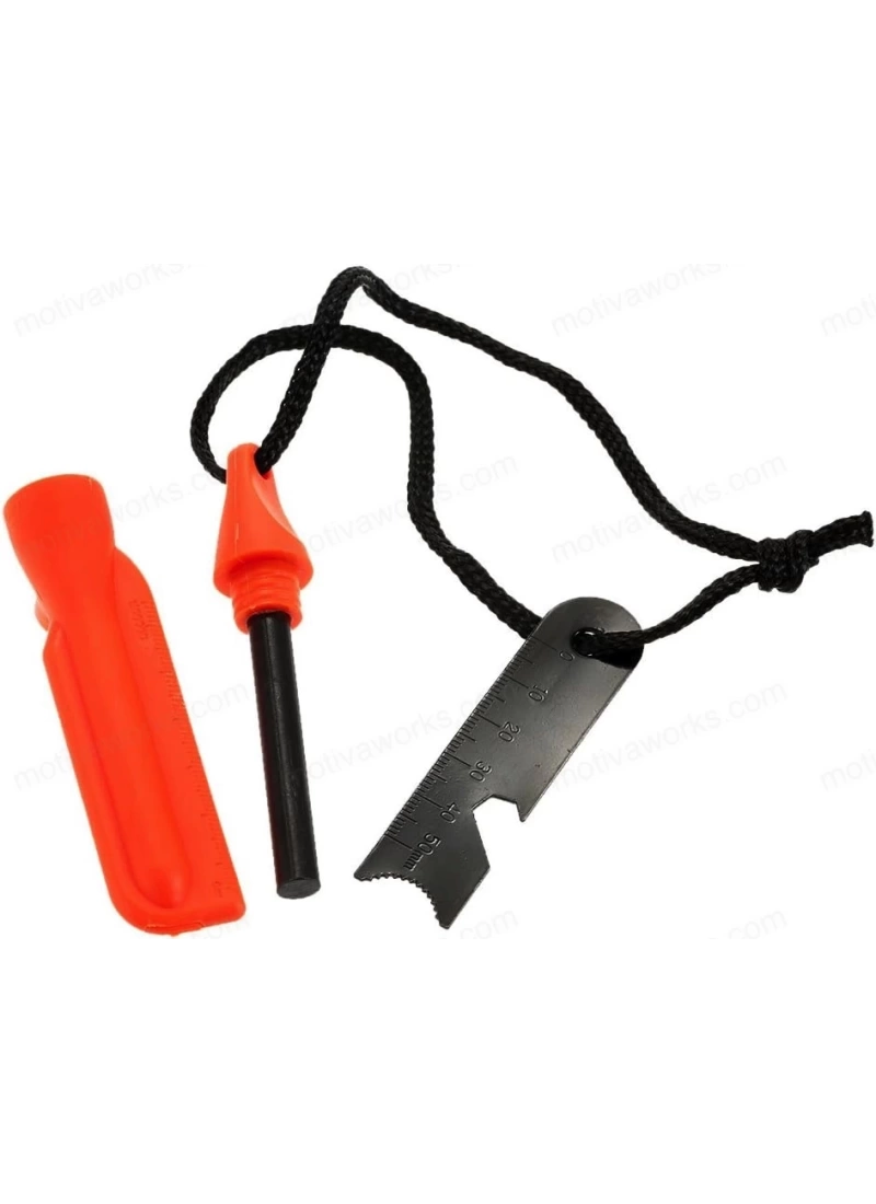 Magnezyum Ateş Başlatıcı Turuncu 7’si 1 Arada Çakmak Taşı, Düdük, Pusula, Anahtar ve Harita Ölçeği ile Outdoor Acil Durum Kiti