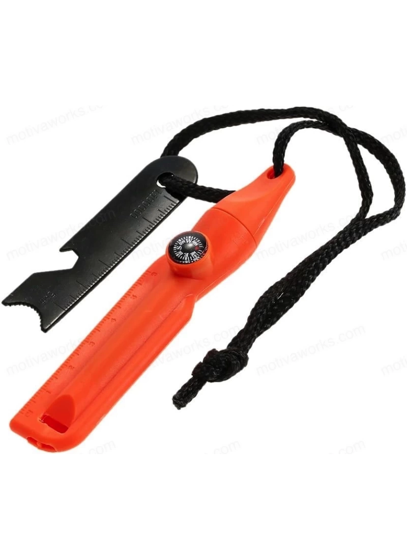 Magnezyum Ateş Başlatıcı Turuncu 7’si 1 Arada Çakmak Taşı, Düdük, Pusula, Anahtar ve Harita Ölçeği ile Outdoor Acil Durum Kiti