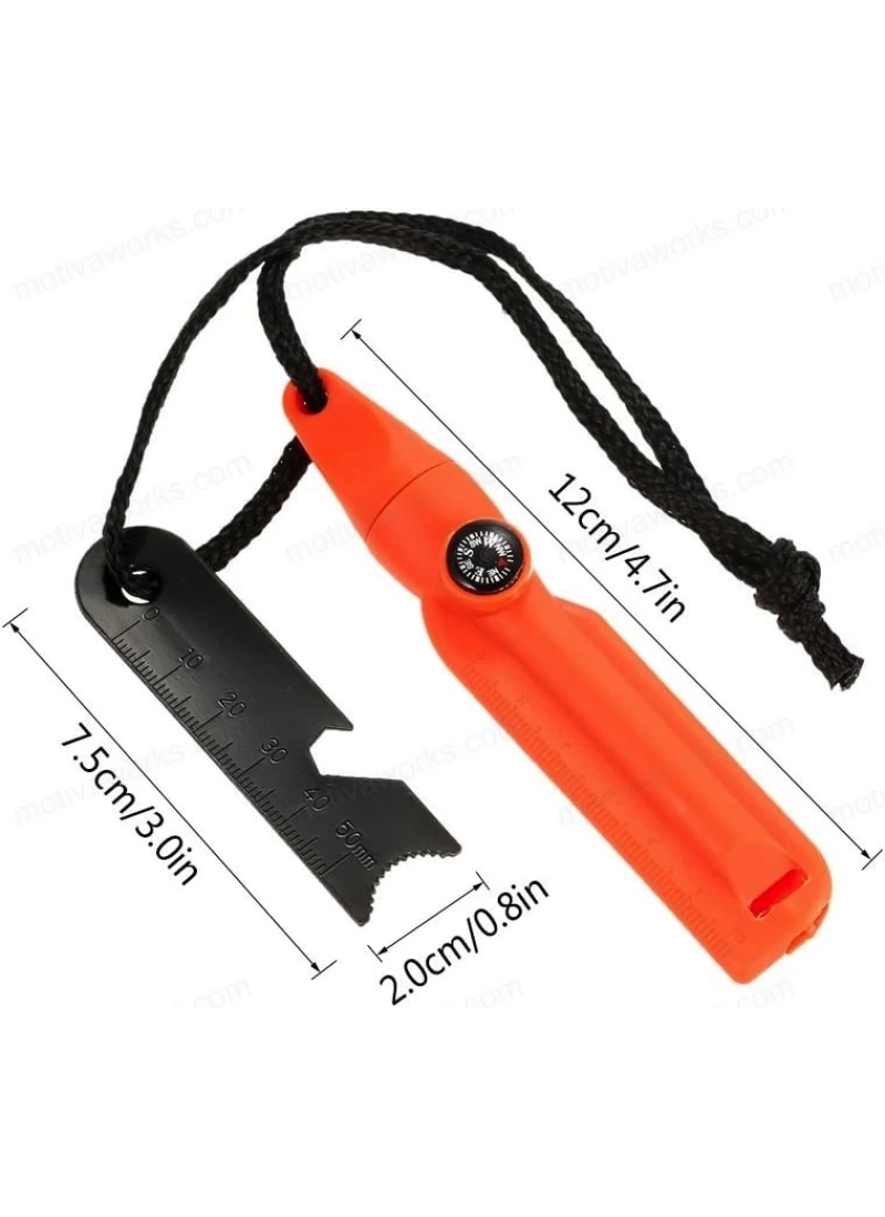 Magnezyum Ateş Başlatıcı Turuncu 7’si 1 Arada Çakmak Taşı, Düdük, Pusula, Anahtar ve Harita Ölçeği ile Outdoor Acil Durum Kiti