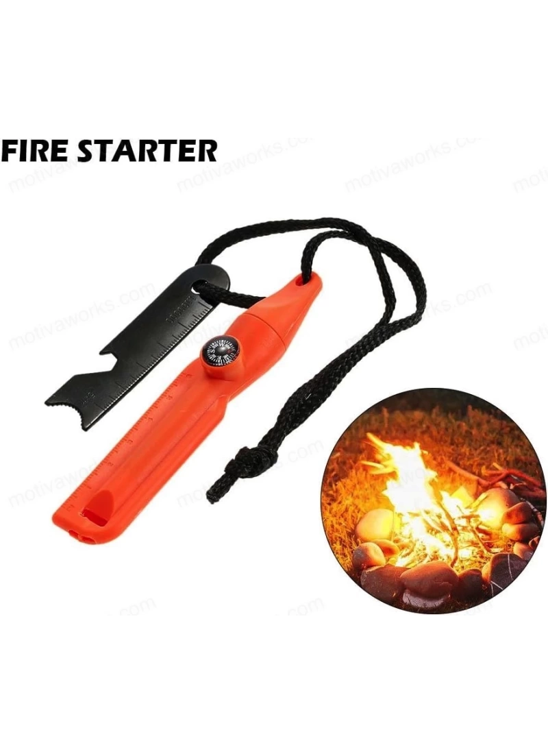 Magnezyum Ateş Başlatıcı Turuncu 7’si 1 Arada Çakmak Taşı, Düdük, Pusula, Anahtar ve Harita Ölçeği ile Outdoor Acil Durum Kiti