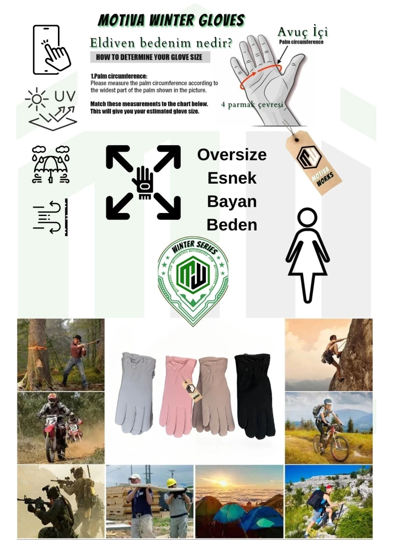 Microfiber Kadın 12li içi Polarlı Oversize Eldiven Dokunmatik Kışlık Kaymaz Soğuk Hava Su İtici Eldiven