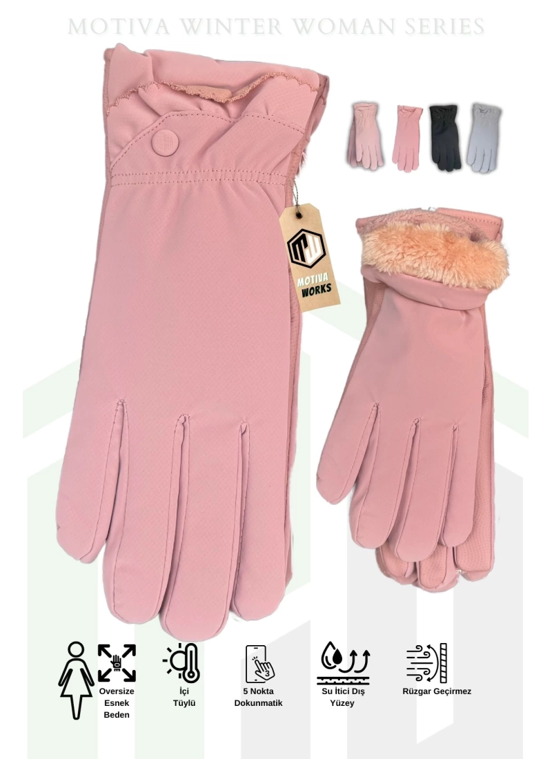 Microfiber Kadın Pembe içi Polarlı Oversize Eldiven Dokunmatik Kışlık Kaymaz Soğuk Hava Su İtici Eldiven