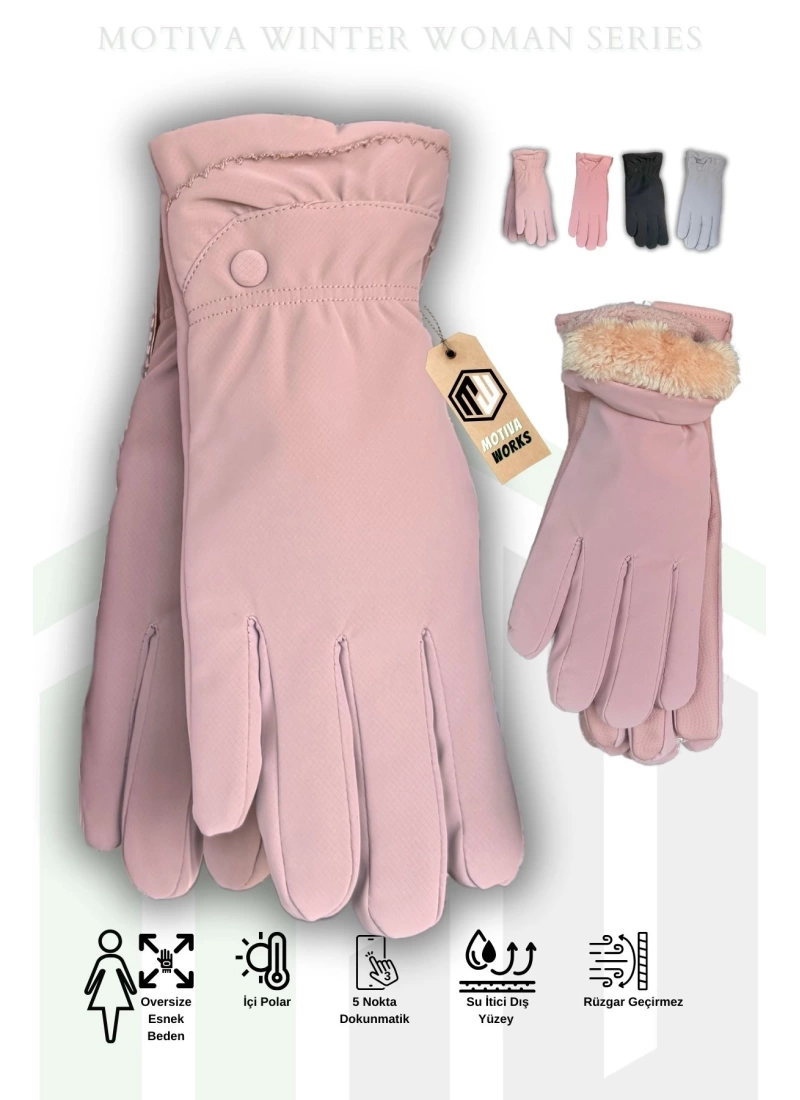 Microfiber Kadın Toz Pembe içi Polarlı Oversize Eldiven Dokunmatik Kışlık Kaymaz Soğuk Hava Su İtici Eldiven
