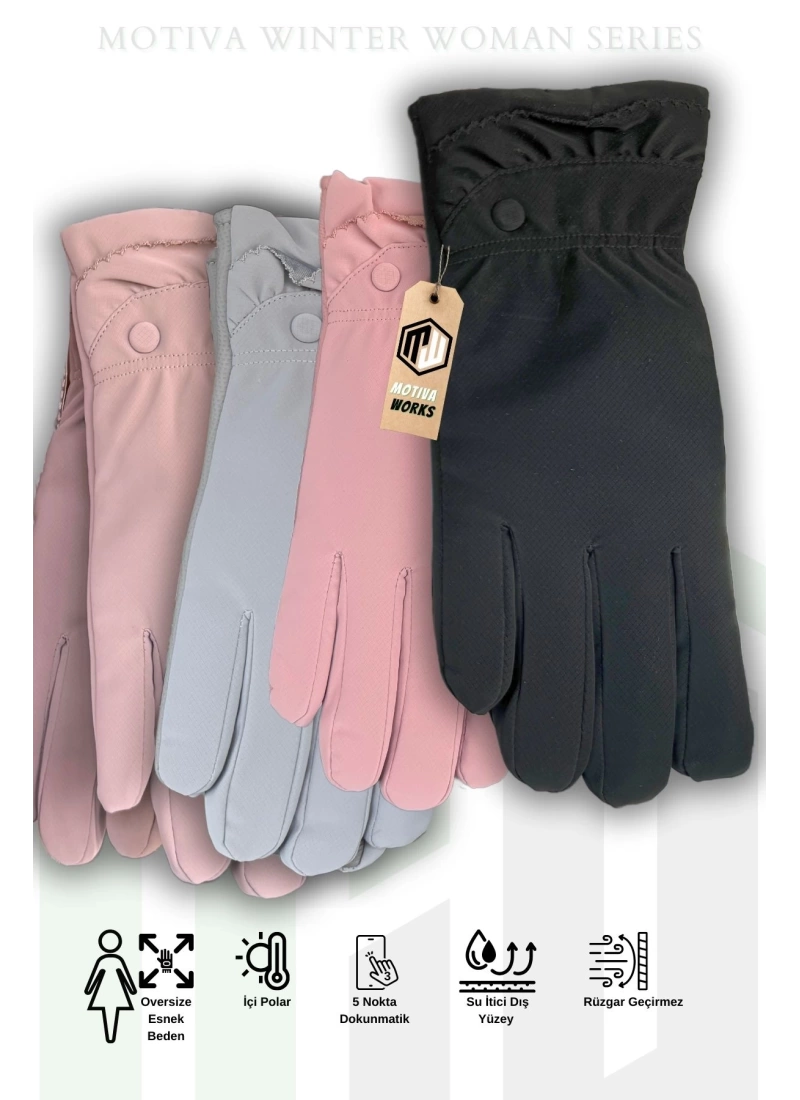 Microfiber Kadın 12li içi Polarlı Oversize Eldiven Dokunmatik Kışlık Kaymaz Soğuk Hava Su İtici Eldiven