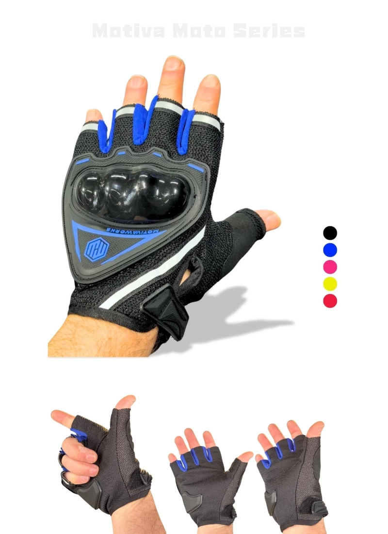 Motiva Works Blue Short Reflective Motorcycle Gloves MW120M