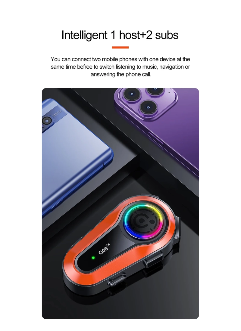 Q08-2X RGB Işıklı Intercom Motosiklet Bluetooth Kulaklık Seti – 2 Kişilik Bağlantı / 1000mAh / IP65