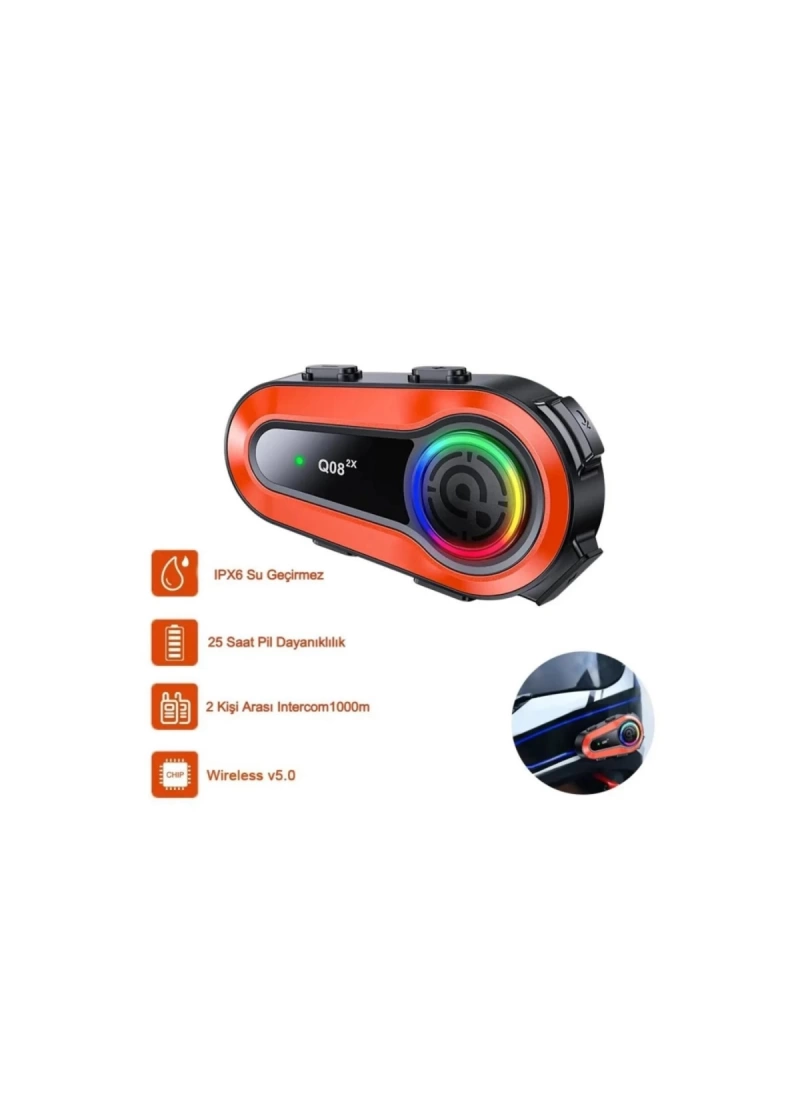 Q08-2X RGB Işıklı Intercom Motosiklet Bluetooth Kulaklık Seti – 2 Kişilik Bağlantı / 1000mAh / IP65