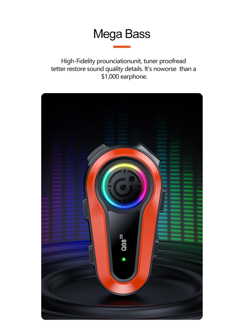 Q08-2X RGB Işıklı Intercom Motosiklet Bluetooth Kulaklık Seti – 2 Kişilik Bağlantı / 1000mAh / IP65