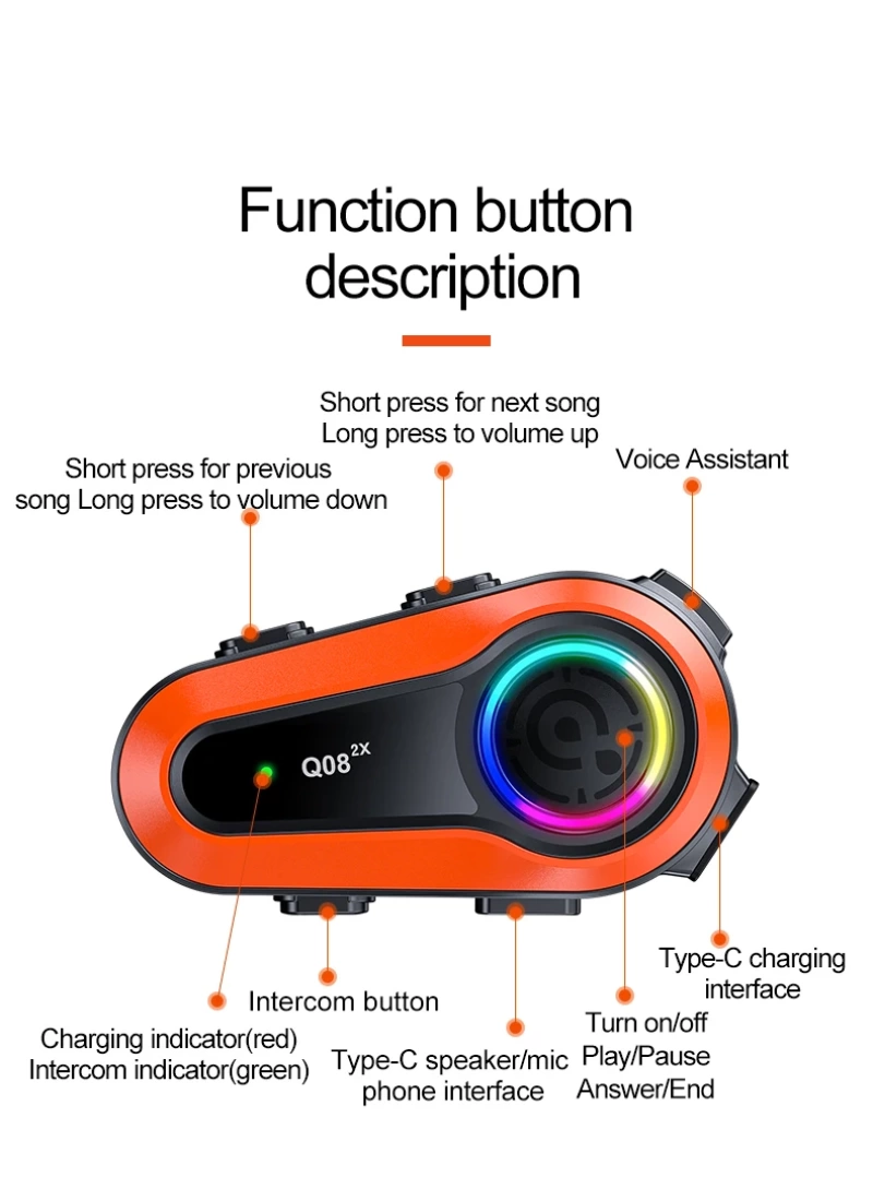 Q08-2X RGB Işıklı Intercom Motosiklet Bluetooth Kulaklık Seti – 2 Kişilik Bağlantı / 1000mAh / IP65