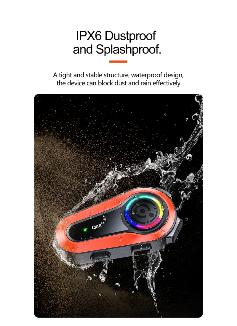Q08-2X RGB Işıklı Intercom Motosiklet Bluetooth Kulaklık Seti – 2 Kişilik Bağlantı / 1000mAh / IP65