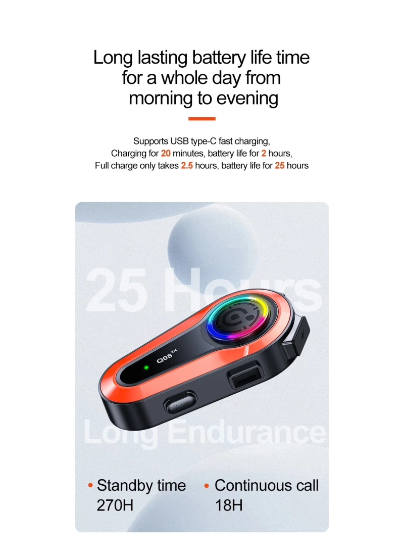 Q08-2X RGB Işıklı Intercom Motosiklet Bluetooth Kulaklık Seti – 2 Kişilik Bağlantı / 1000mAh / IP65
