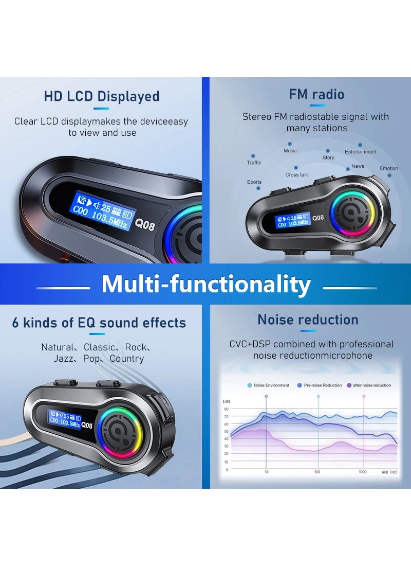 Q08 Kask Kulaklık FM LCD Ekranlı RGB Işıklı Motosiklet Bluetooth Kulaklık – IPX67 Su Geçirmez Gürültü Azaltma 1000mAh