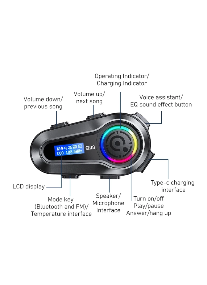 Q08 Kask Kulaklık FM LCD Ekranlı RGB Işıklı Motosiklet Bluetooth Kulaklık – IPX67 Su Geçirmez Gürültü Azaltma 1000mAh